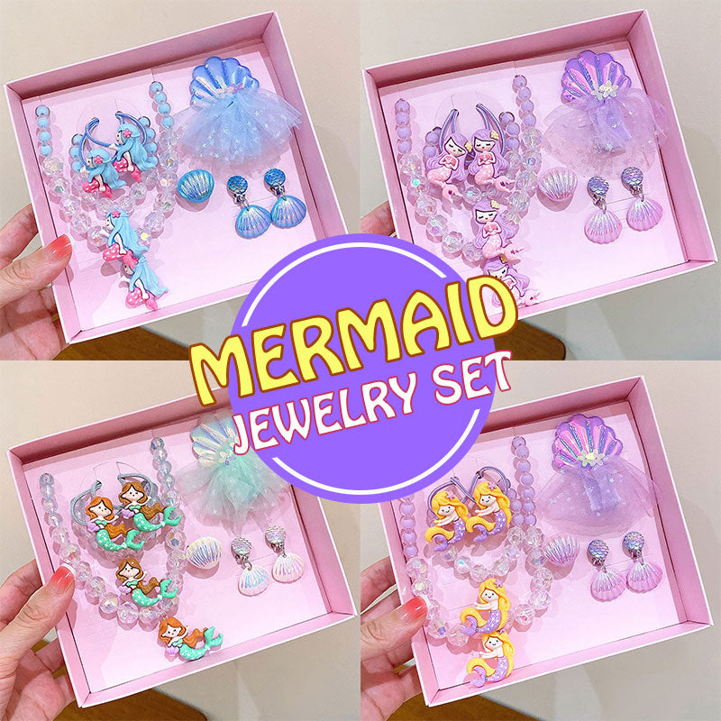 Girls Mermaid Jewelry Set Necklace Ring Birthday Gift Box Princess Hair Accessories