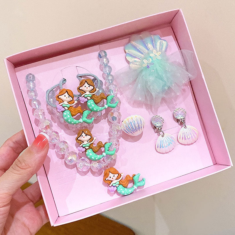 Girls Mermaid Jewelry Set Necklace Ring Birthday Gift Box Princess Hair Accessories