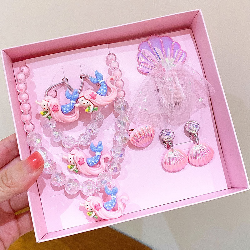 Girls Mermaid Jewelry Set Necklace Ring Birthday Gift Box Princess Hair Accessories