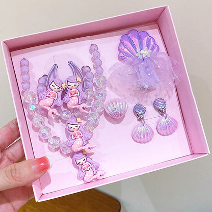 Girls Mermaid Jewelry Set Necklace Ring Birthday Gift Box Princess Hair Accessories