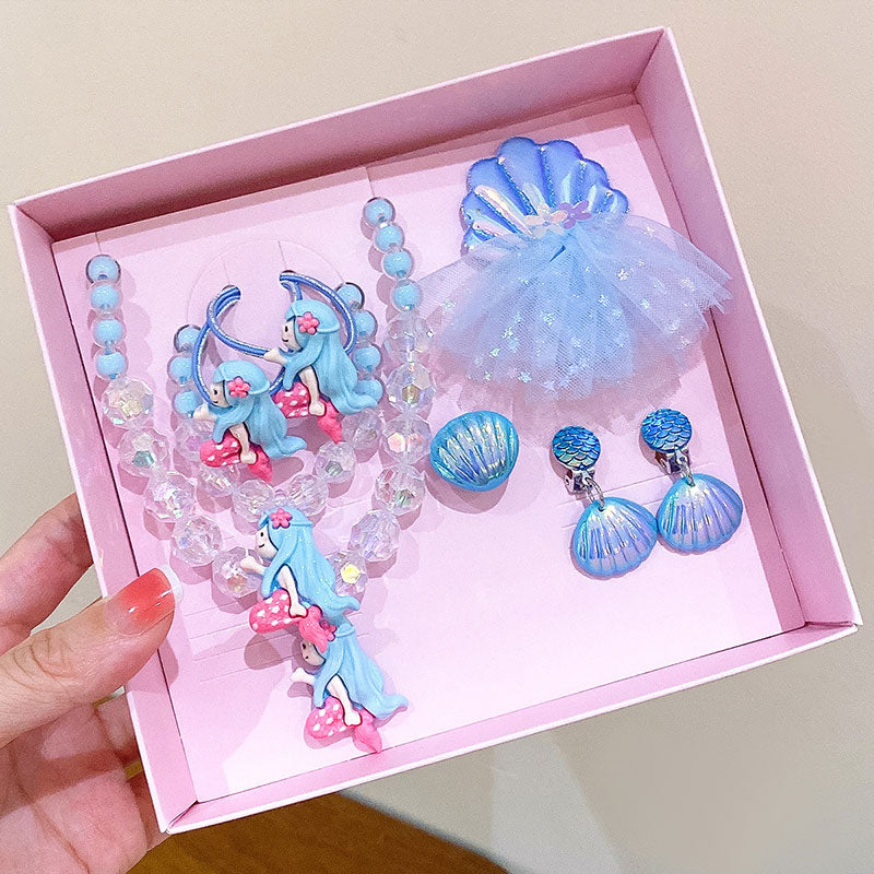 Girls Mermaid Jewelry Set Necklace Ring Birthday Gift Box Princess Hair Accessories