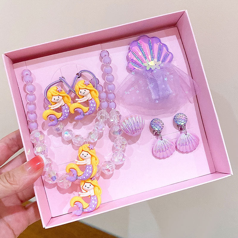 Girls Mermaid Jewelry Set Necklace Ring Birthday Gift Box Princess Hair Accessories