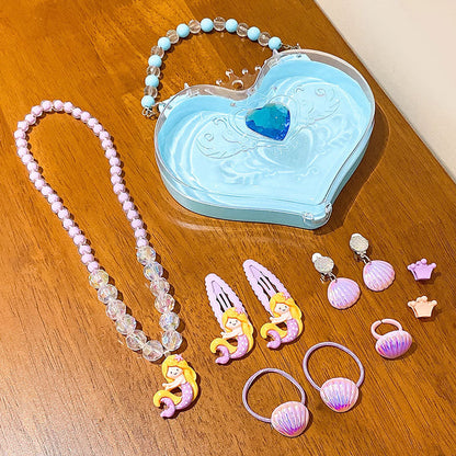 Girls Mermaid Jewelry Set Necklace Ring Birthday Gift Box Princess Hair Accessories